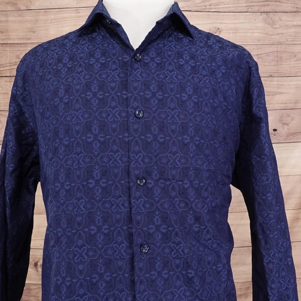 Tasso Elba Shirt Mens 2XL 18-18.5 Blue Geometric Button Up Long Sleeve Dress